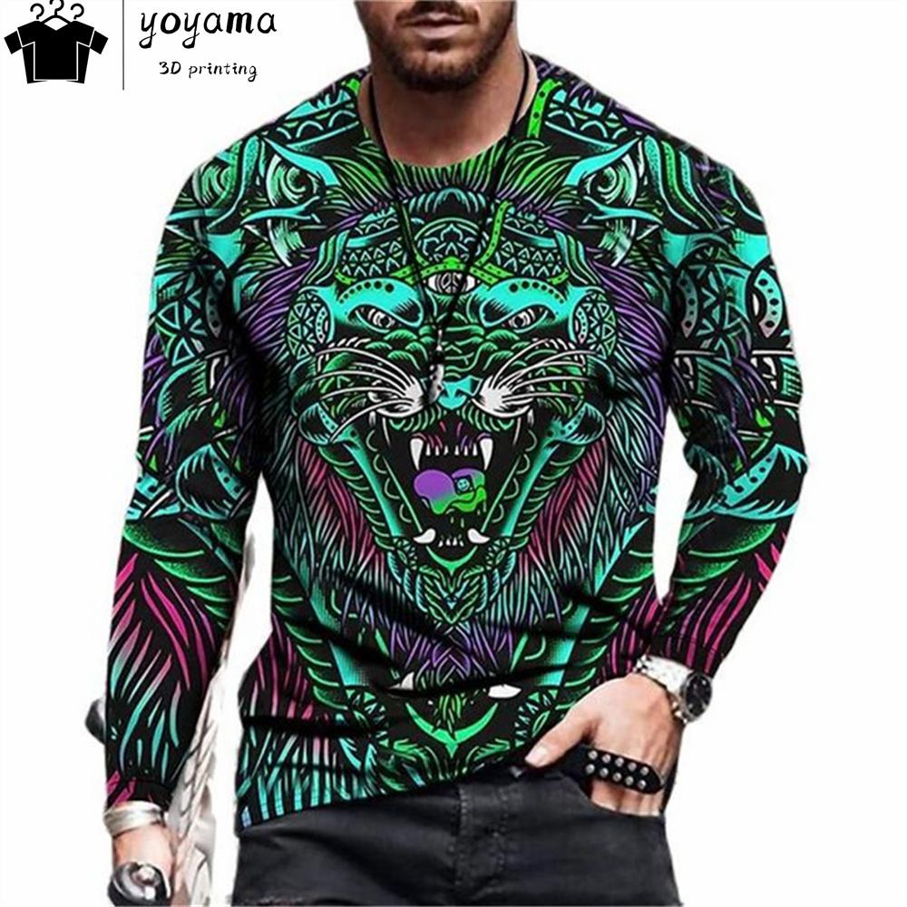 Футболки с принтом тигра Мужская одежда Модная мужская футболка с круглым вырезом и длинным рукавом Повседневная свободная мужская одежда с принтом тигра Топы