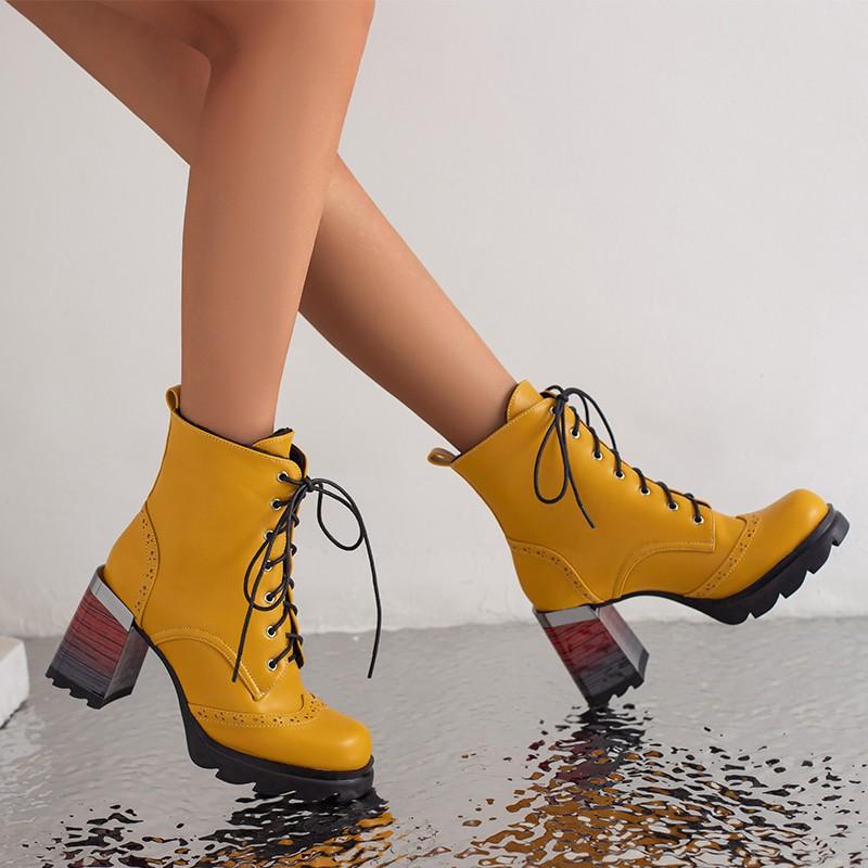 Большие размеры 43 44 Черный Желтый Дизайн Мода Осень Зима Винтаж Броги Платформа Шнуровка Мотоциклетные Ботильоны Принт Каблуки Новые