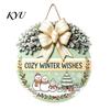 Gift for Christmas Wooden Welcome Sign Front Door, Round Hanging Ornament with Festive Home Decoration Artificial Pine Branches & Bow Decor