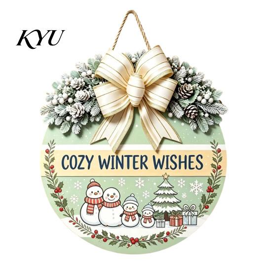 Gift for Christmas Wooden Welcome Sign Front Door, Round Hanging Ornament with Festive Home Decoration Artificial Pine Branches & Bow Decor