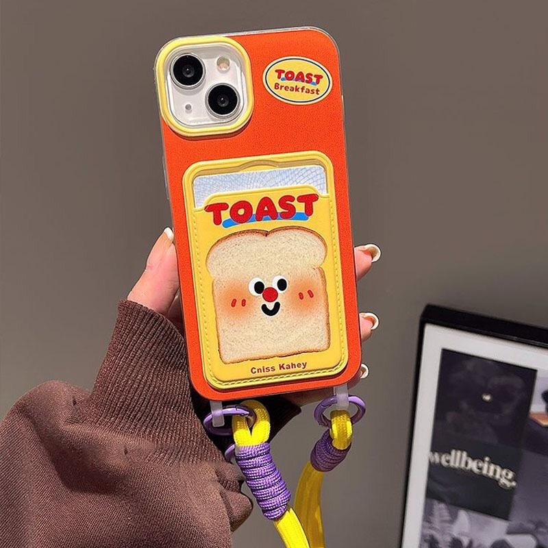 Toast Bear for iPhone 17 Air 16 Pro Max 15 Plus 14 13 Mini 12 11 Pro XS XR Card Holder Cartoon Phone Case With Lanyard