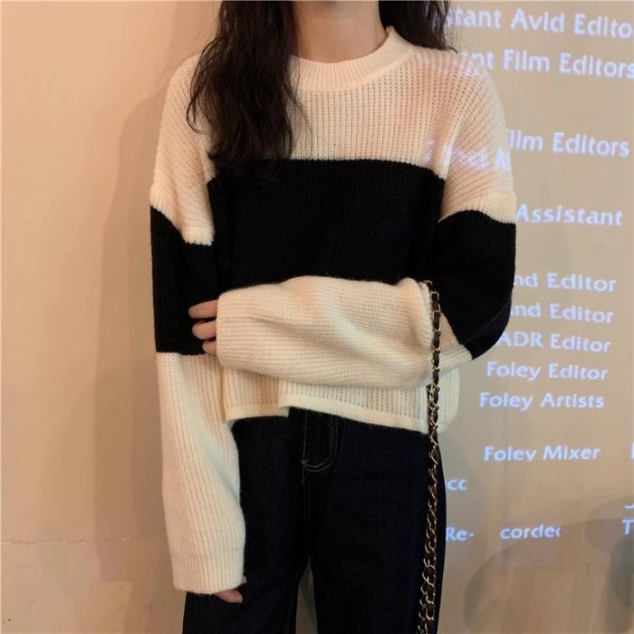 Women's Versatile Striped Color Block Round Neck Sweater - Slimming Long Sleeve Knit Top for Autumn & Winter