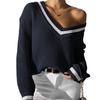Women's Clothing, College Style, Women's Sweaters, Contrasting Colors, V-neck Loose Sweaters, Casual and Lazy Style, Versatile Women's Clothing
