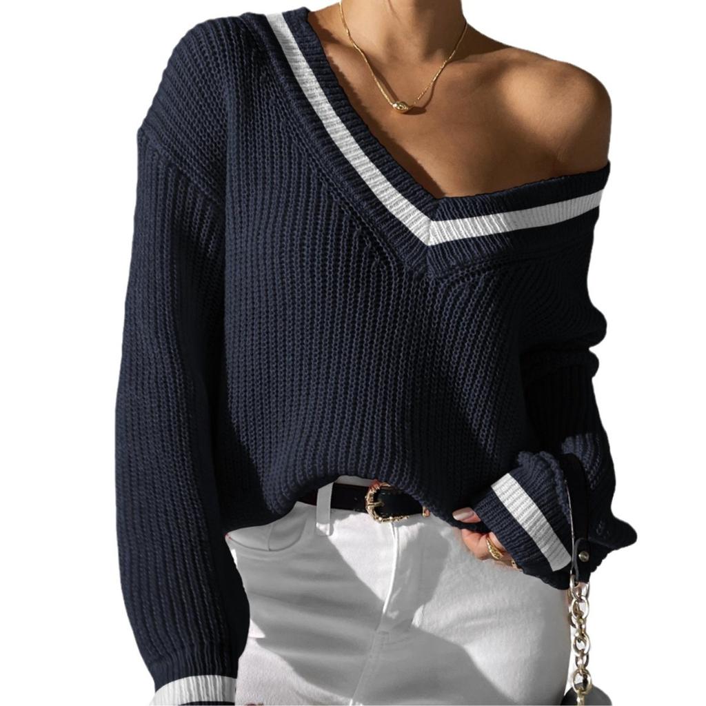 Women's Clothing, College Style, Women's Sweaters, Contrasting Colors, V-neck Loose Sweaters, Casual and Lazy Style, Versatile Women's Clothing