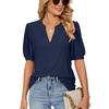 Summer Casual V-neck Solid Color Hollow Bubble Sleeve Loose T-shirt Top for Women Shirt