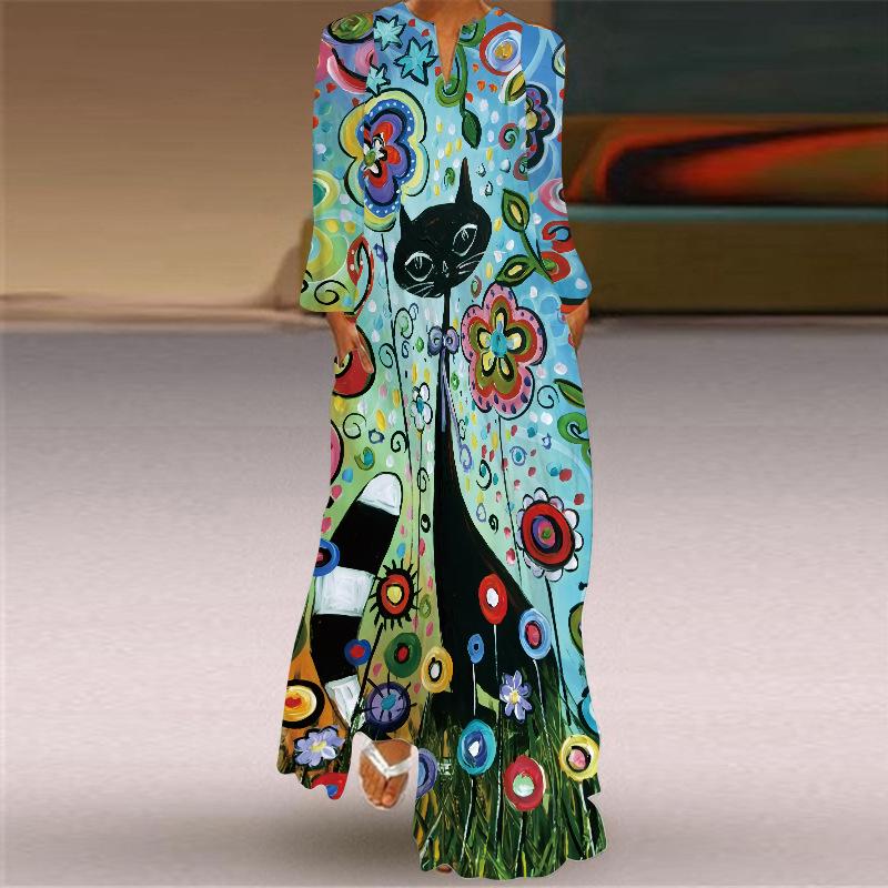 Женское платье макси с V-образным вырезом, длинными рукавами и принтом-карманом, весна/лето 2024