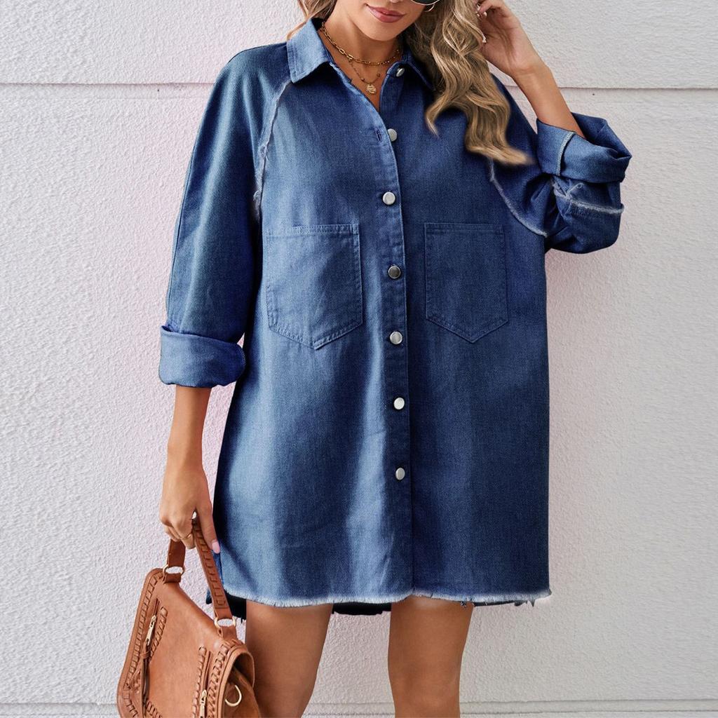 Женская мода, повседневный однотонный винтажный потертый джинсовый свободный повседневный топ с длинными рукавами