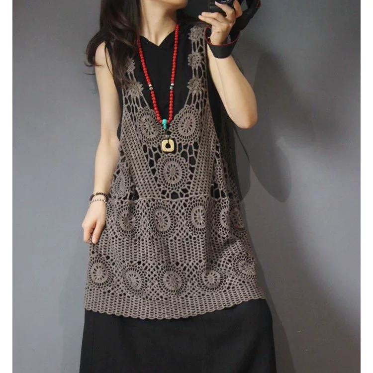 Женский длинный вязаный крючком жилет цвета хаки - Ретро свободный летний жилет