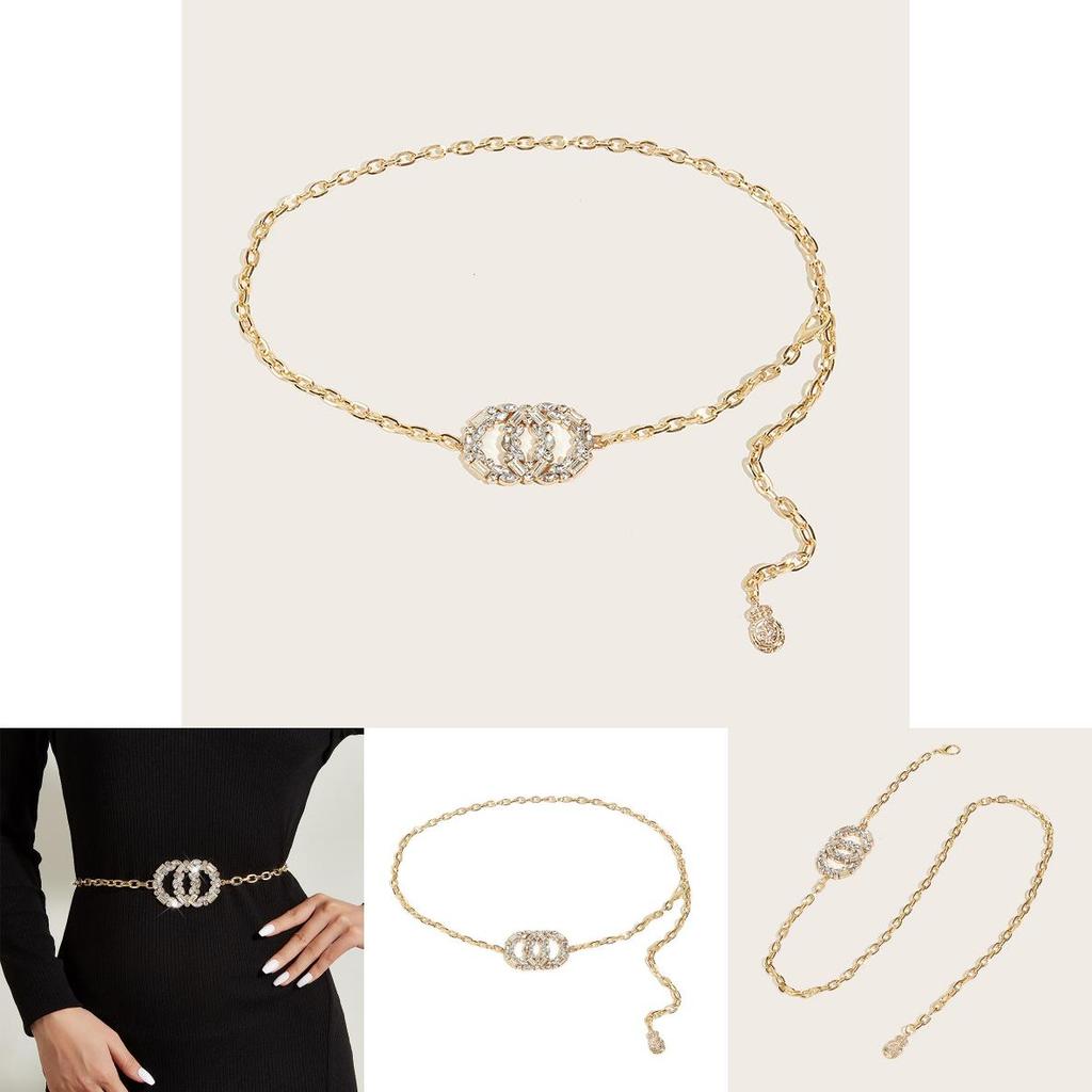 Женский металлический пояс-цепочка с пряжкой с двойным кольцом и стразами для модного наряда