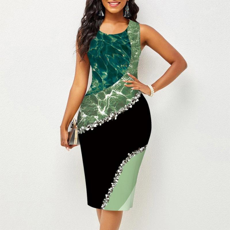 Весна-лето женские вечерние платья без рукавов с круглым вырезом, модные разноцветные платья с принтом