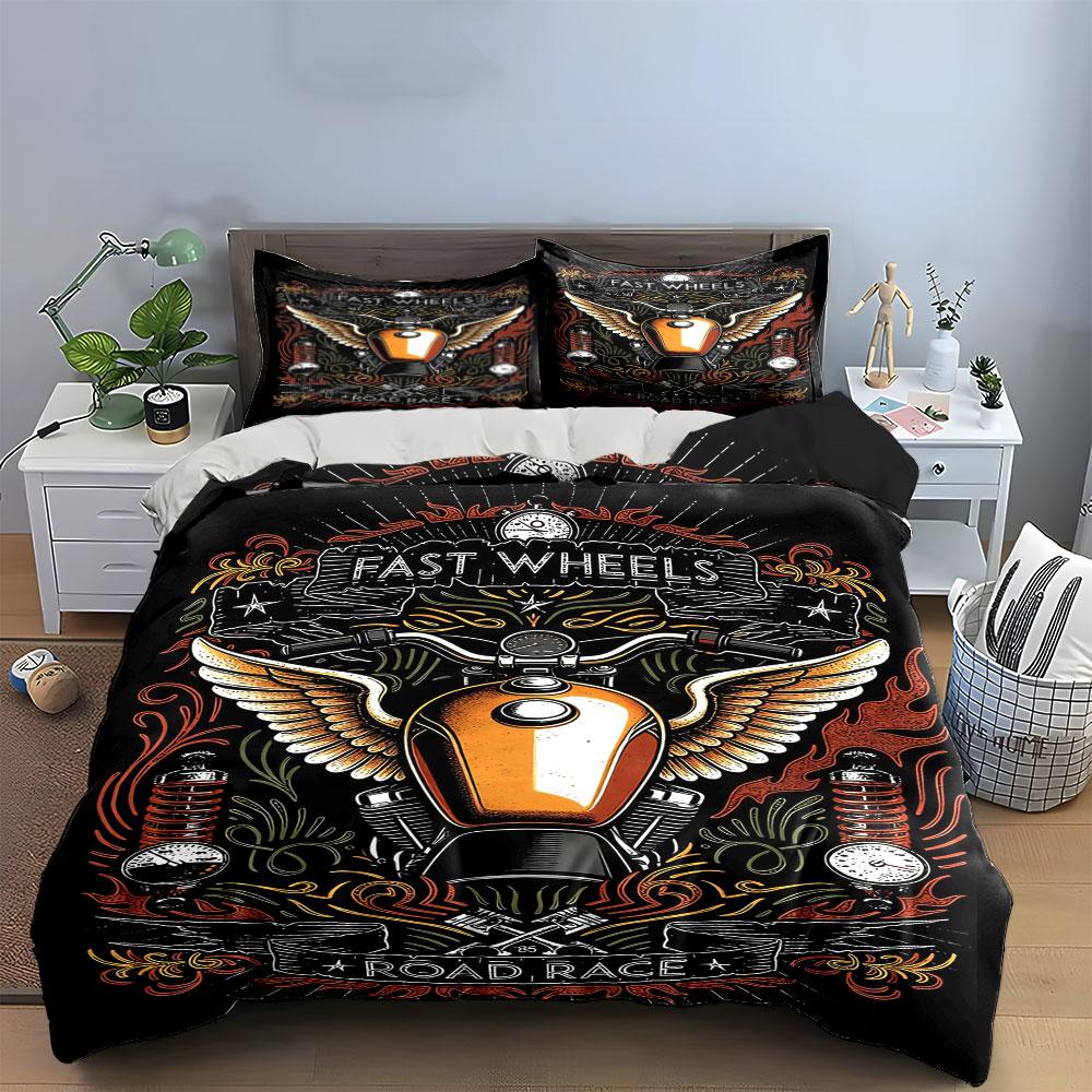 Motorcycle, wings, and text. Bedding sets Duvet cover sets Duvet covers Pillowcases(1* Duvet Cover 2* Pillowcases without duvet insert)