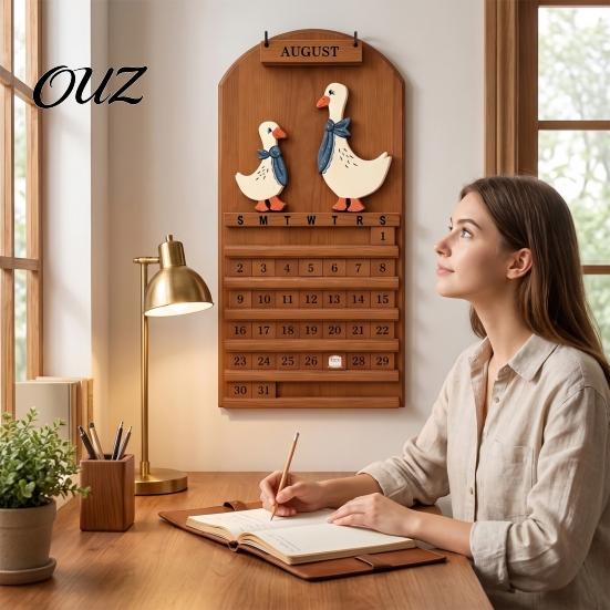 Reusable Date Tracker Wooden Vintage Goose Couple Perpetual Calendar, Month Blocks Rustic Wall Decor Hanging Farmhouse for Home Office Art Decoration