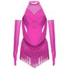 Girls Ruched Mesh Drapes Cutout Tassel Glittery Rhinestones Leotard Mesh Gloves Latin Dance Costume