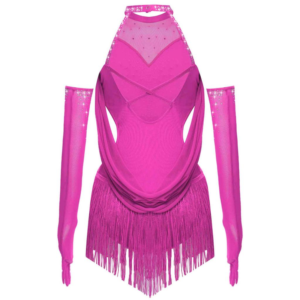 Girls Ruched Mesh Drapes Cutout Tassel Glittery Rhinestones Leotard Mesh Gloves Latin Dance Costume