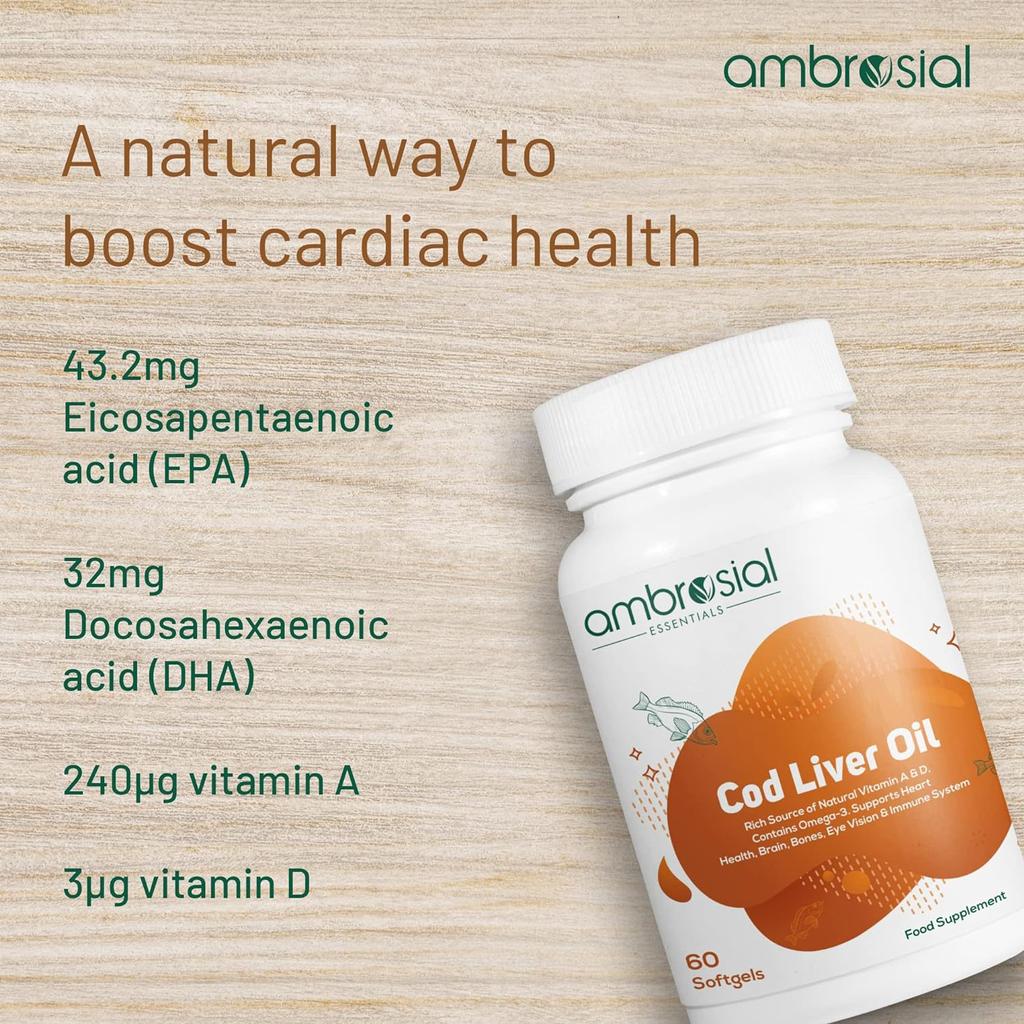 AMBROSIAL чистый рыбий жир 300 мг, высококонцентрированный рыбий жир, богатый омега-3 EPA DHA жирными кислотами, витаминами A и D (Упаковка из 2-120 мягких капсул)