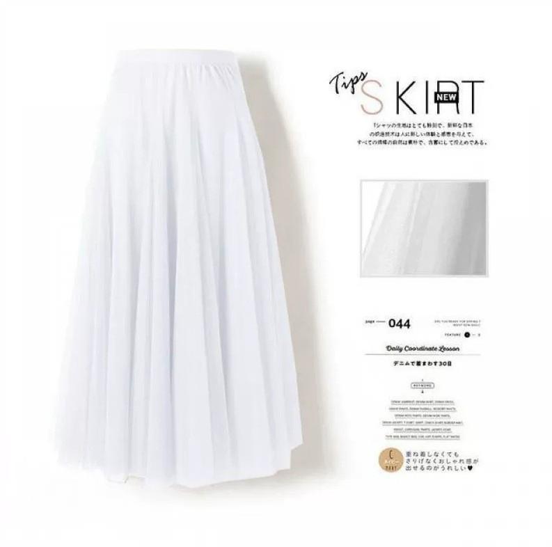 Womens Solid Pleated Elegant Midi Elastic Waist  Skirt