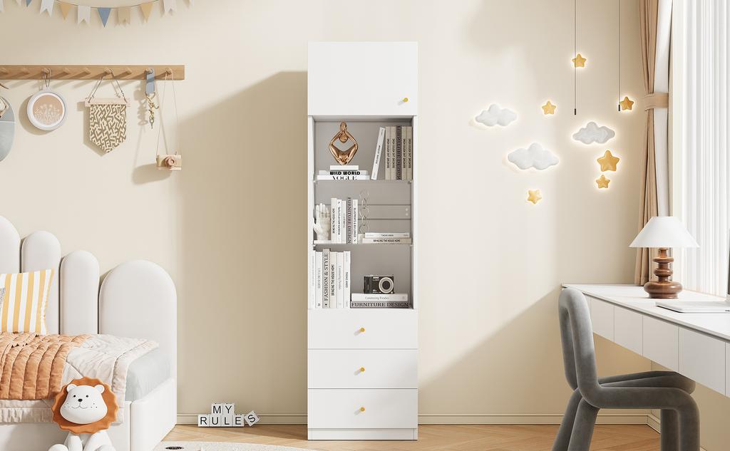 Display Cabinet, Tall Cabinet, Storage Cabinet, Bookshelf, with Open Storage, with Drawers, Height-Adjustable Glass Shelves, White, 50×40×180 cm
