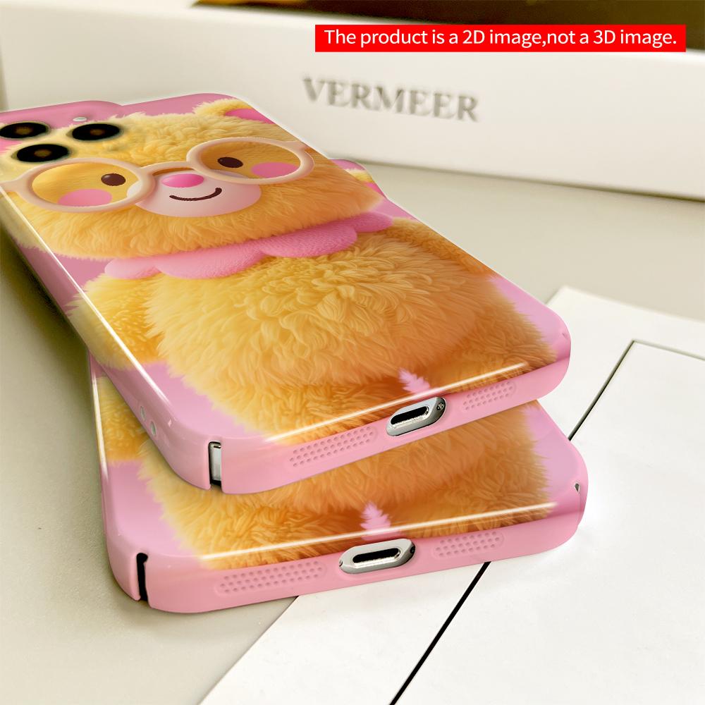 2DFlat Cute Yellow Bear with Glasses and Pink Bow All inclusive film hard phone case, compatible with iPhone 18 Pro Max 17 16 15 14 13 12 11