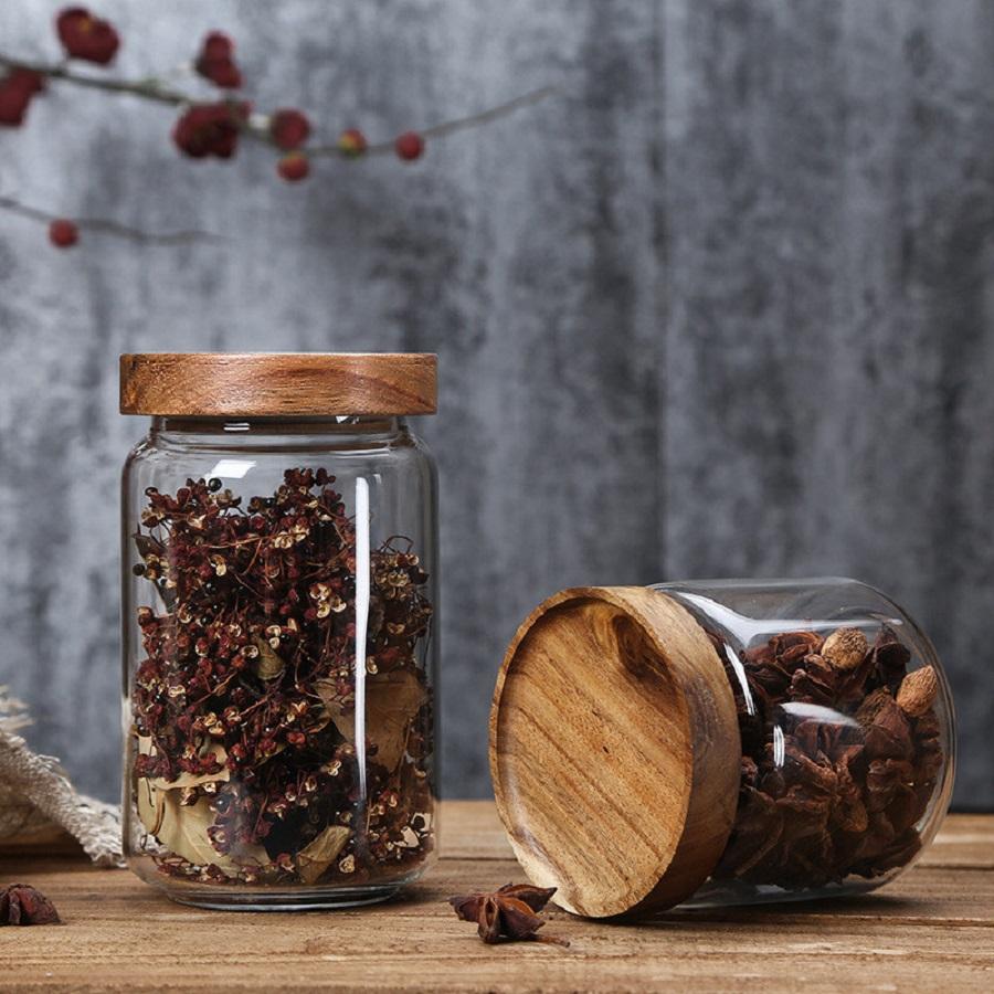 1 шт. Стеклянные банки для хранения продуктов Красивые банки Контейнеры для еды с герметичной бамбуковой деревянной крышкой для печенья Орехов Кофейных зерен Хлопьев Стеклянная банка для дома