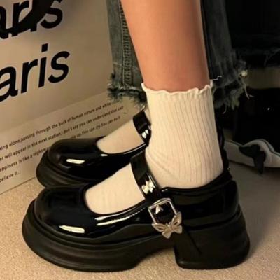 Французские туфли Мэри Джейн на высоком каблуке для женщин, Ретро, Пряжка на одной пуговице, Универсальный бантик, На толстой подошве, Кожаные туфли на массивном каблуке