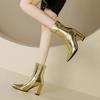 Winter Women Silver Gold Metallic PU Ankle Boots High Chunky Heel Party Office Lady Fashion Pointed Toe Zipper Plush Short Boots