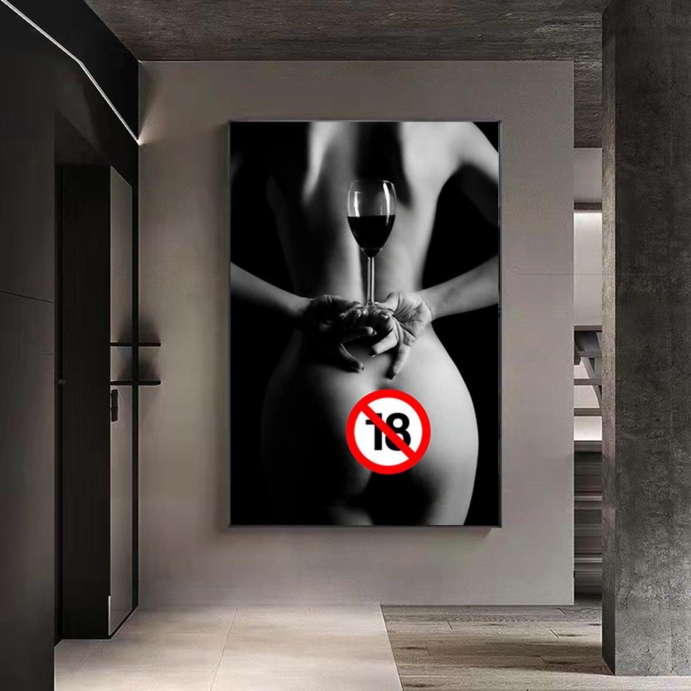 Modern Black and White Nude Art Poster Printing Sexy Girl Wine Glass Wall Art Pictures for Bedroom Bathroom Home Decoration