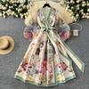 France Elegant Vintage Palace Evening Dress Women Sashes Mesh Print Long Party Dress Female Casual Chic Festival Clothing New