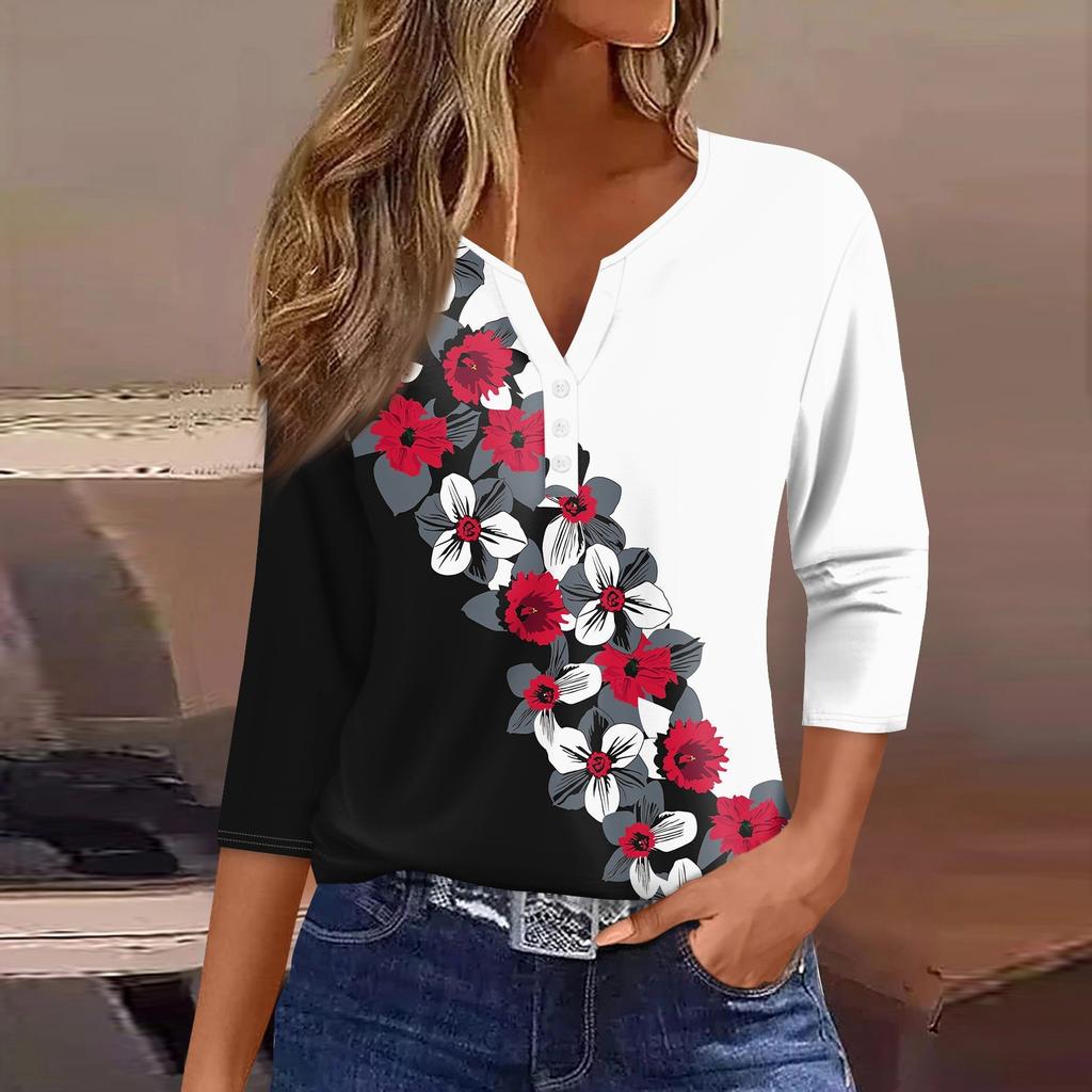 Women's T Shirt Tee Print Button  3/4 Sleeve Daily Weekend Fashion Basic V- Neck Regular Top