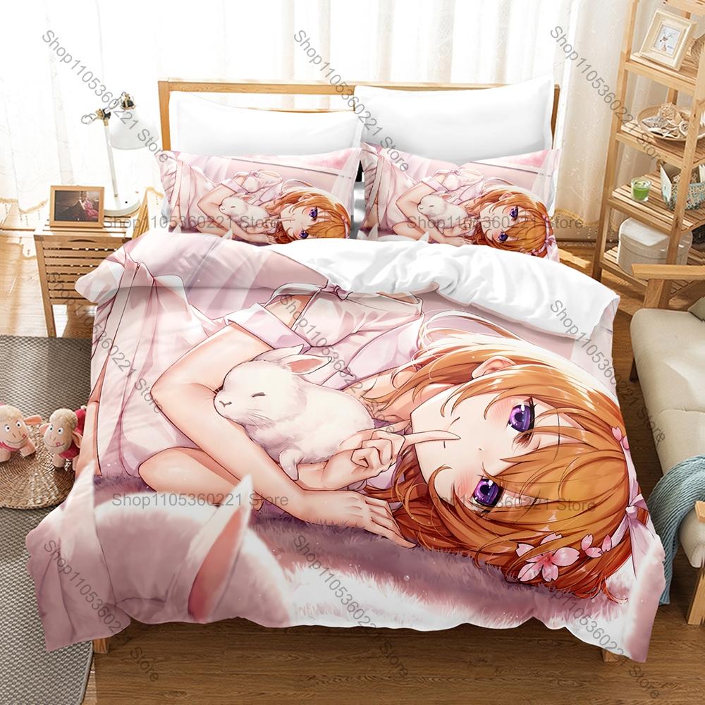Is The Order A Rabbit Bedding Set Duvet Cover + 2 Pillowcases Cute Cafe Rabbit Girls Kawaii Slice of Life Anime Bedroom Decor