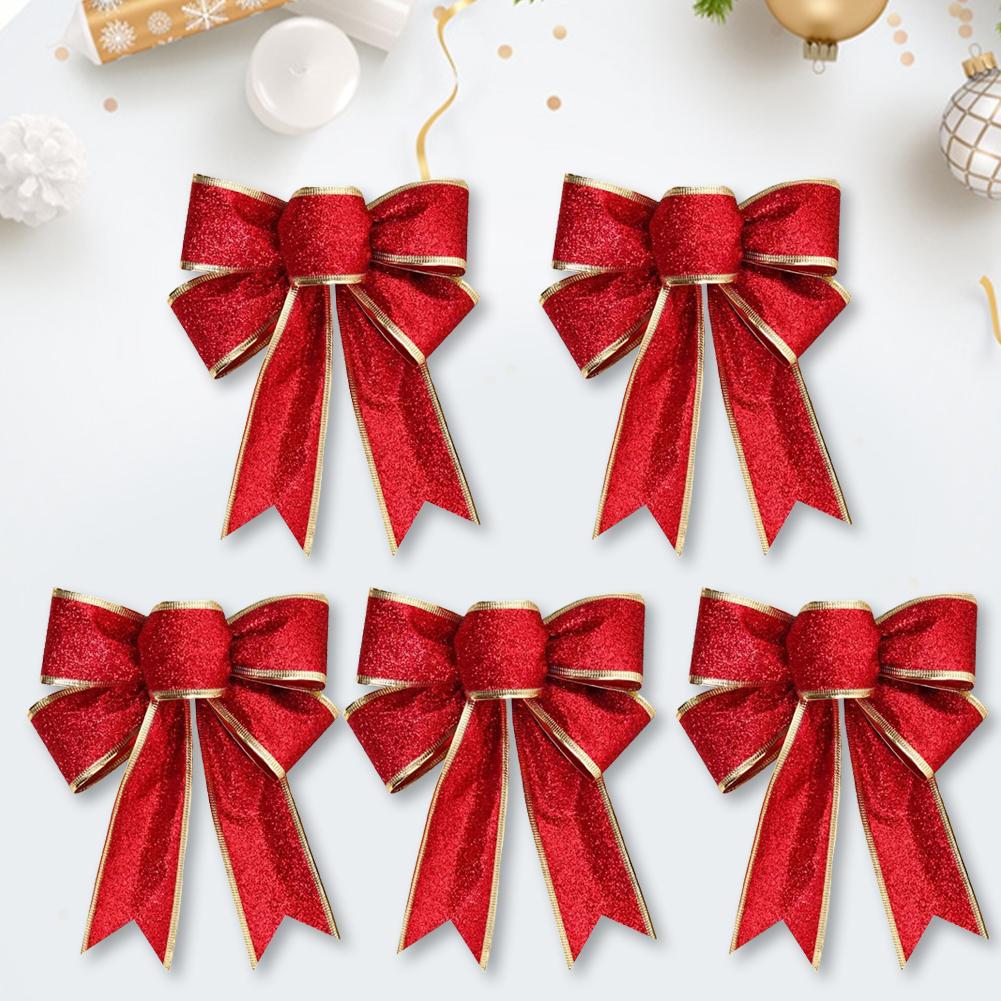 5Pcs Christmas Large Bowknot Decor Glitter Ribbon Bow Wreath Ornament for Christmas Tree Presents Decor