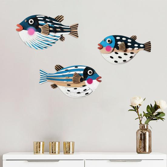 3Pcs/Set Puffer Wall Decoration Cute Decorative Wooden Globefish Rustic Cartoon Puffer Fish Wall Art Ornament for Living Room Bedroom Dining Room