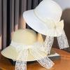 Summer Fashion Lace Bow Beach Travel Sun Hat, 100% Paper Straw Crocheted Flat Top Hat with Buckle Closure, Unisex Sun Protection for Weddings