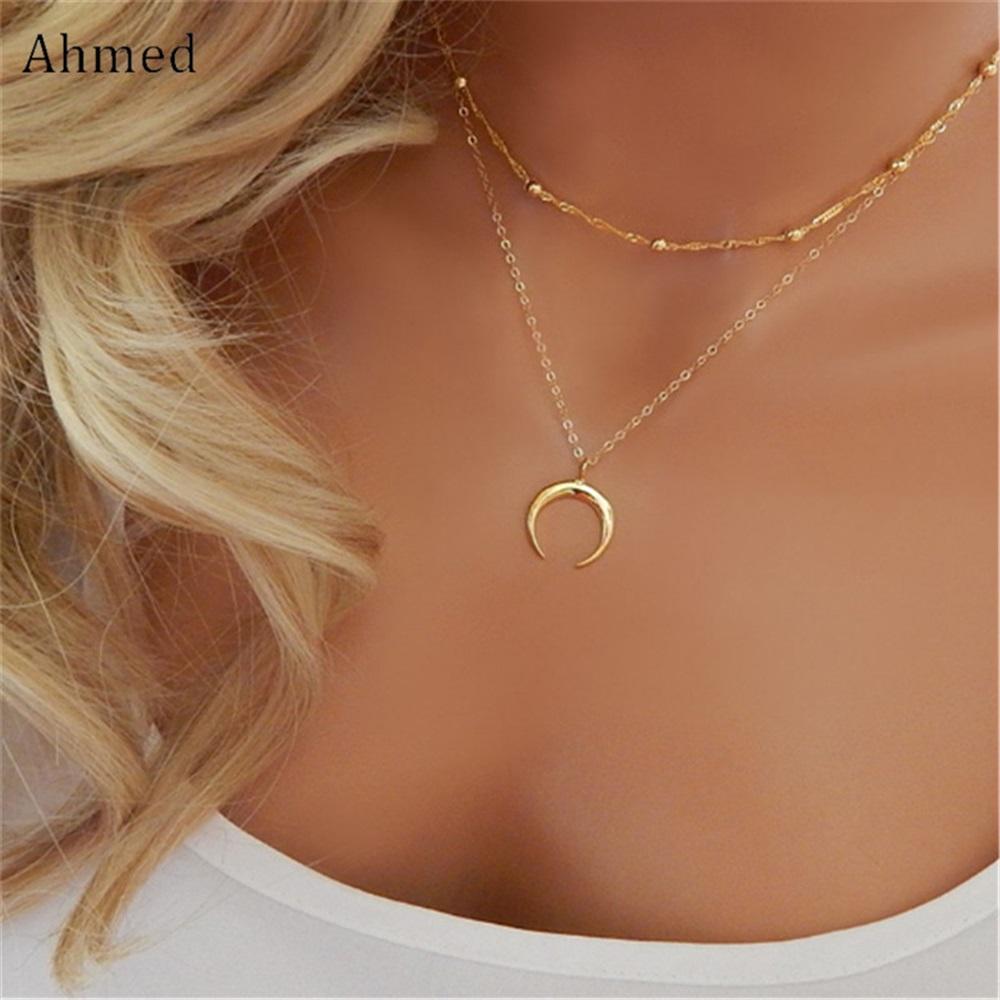 Simple Moon Pendant Double-Layer Necklace, Women's Fashion Jewelry, New Double-Angle Statement Necklace