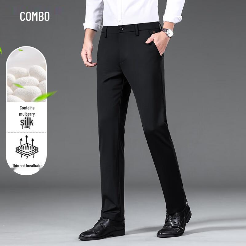 Kangbo Men's Summer Silk Blend Wrinkle-Free Business Casual Trousers