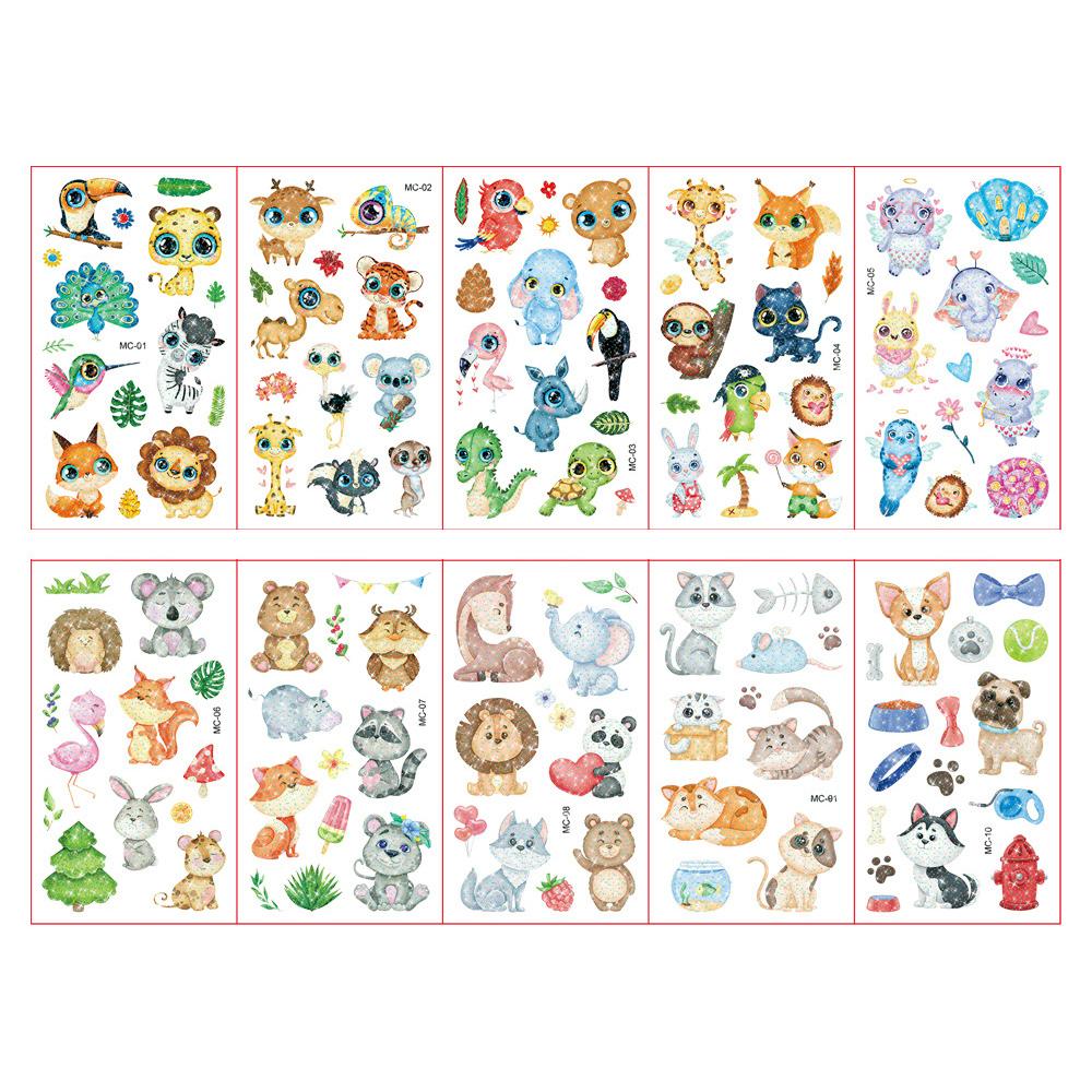 10 листов/набор красочные тату-наклейки с блестящей пудрой, мультяшные животные, единорог, принцесса, транспорт, временные поддельные татуировки для детей
