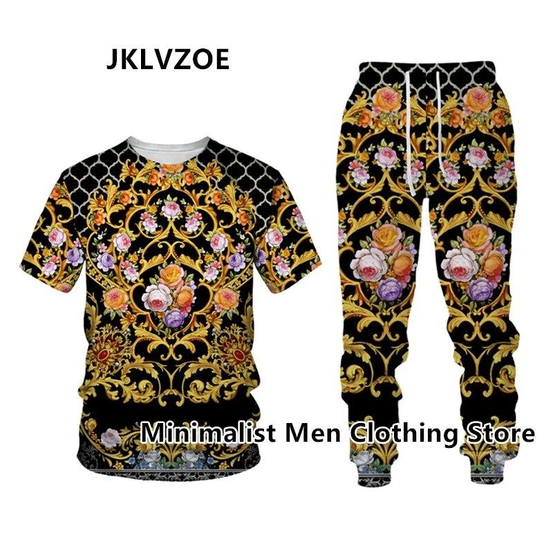 Мужской спортивный костюм, элитный бренд, футболка с коротким рукавом + длинные брюки, комплект из 2 предметов с золотистым 3D принтом, спортивная одежда для бега, повседневная уличная одежда