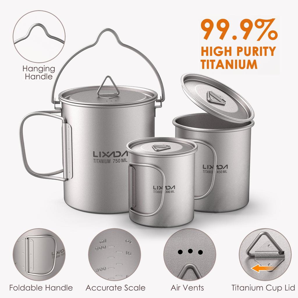 Lightweight Ti 5 Pieces Set Ti 750ml Pot 450ml and 350ml Water Cup with Lid Collapsible Handle