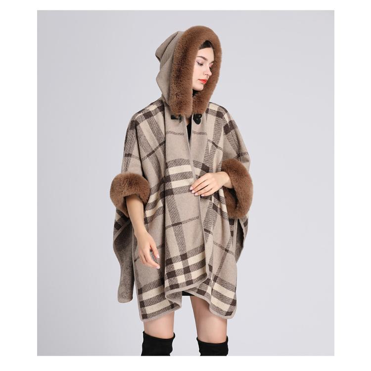 Зимняя женская накидка, шаль с меховым воротником, свободный клетчатый кардиган с капюшоном, большой размер, твидовый жакет с семиточечными рукавами