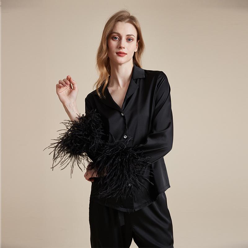 Women's Ice Silk Autumn Pajama Set with Detachable Feather Accents, Long Sleeve and Pants, French High-End Pure Desire Style