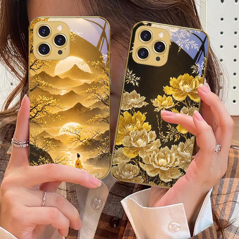 Золотые цветы и фениксы для iPhone 16 Pro Max 15 P Ro 14 M Ax 13 Plus 12 Mini 11 XS Max XR Золотой чехол для телефона из закаленного стекла