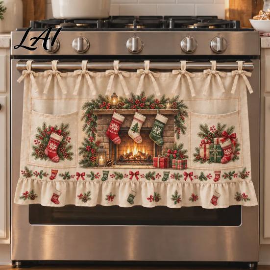 Handmade Holiday Oven Cover Christmas Skirt with Pockets Festive Snowflake Elk Red Birds Santa Stove Curtain for Home Cooking Essentials Kitchen