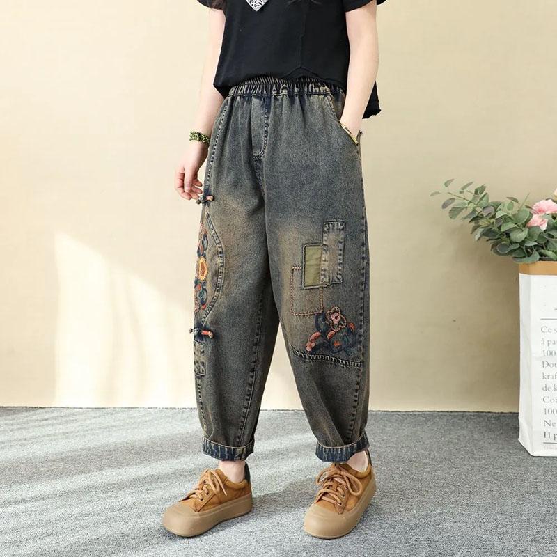Хлопковые брюки летние женские большие размеры свободные джинсы брюки универсальные повседневные с высокой талией широкие льняные брюки