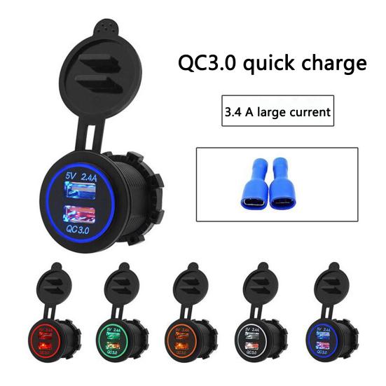 Автомобильное зарядное устройство Двойной USB QC3.0 Быстрая зарядка DC 12В-24В Светодиодный цифровой разъем для зарядки телефона для мотоцикла