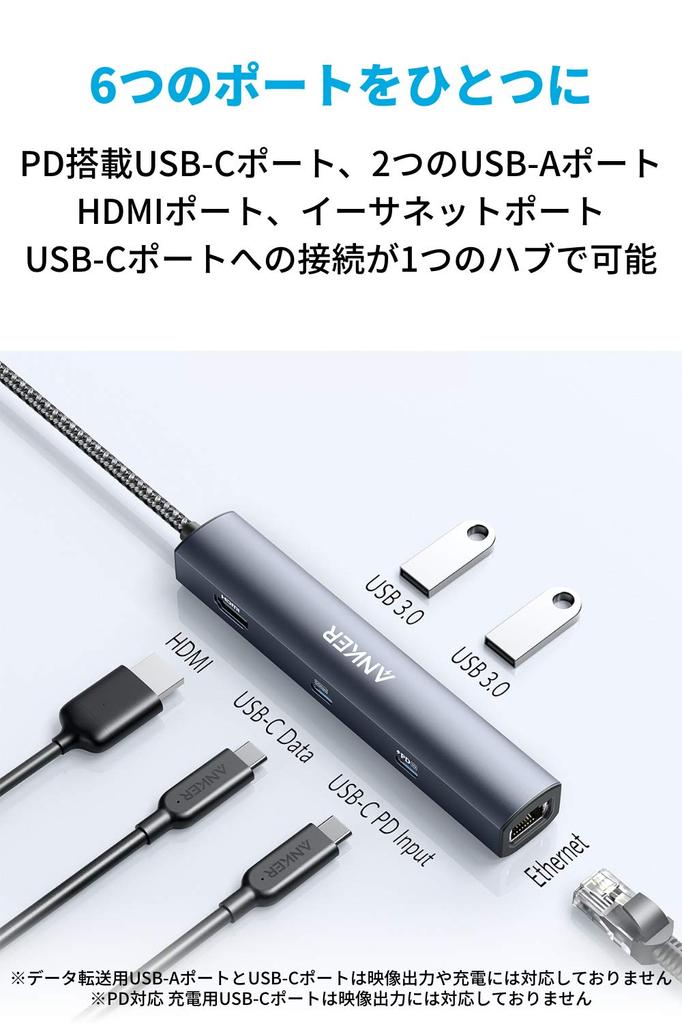 Anker PowerExpand Ethernet Hub PD 65W Port 4K HDMI Port 1Gbps Ethernet Port with Port for MacBook MacBook iPad Pro 6-in-1 USB-C USB3.0 Pro, Air,