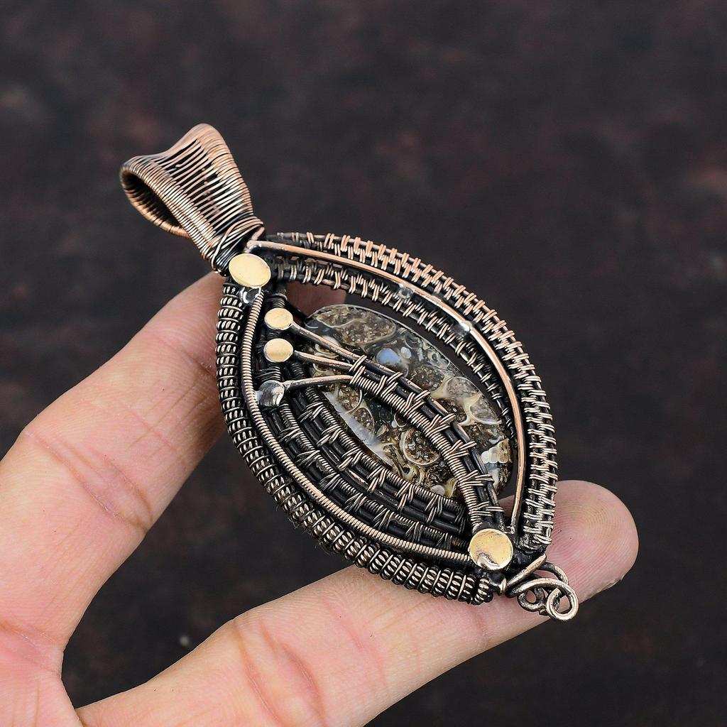 Подвеска из агата Turritella, обернутая медной проволокой, подвеска из драгоценного камня, ювелирные изделия из агата Turritella, подвеска ручной работы для подарка, ювелирные изделия из медной проволоки