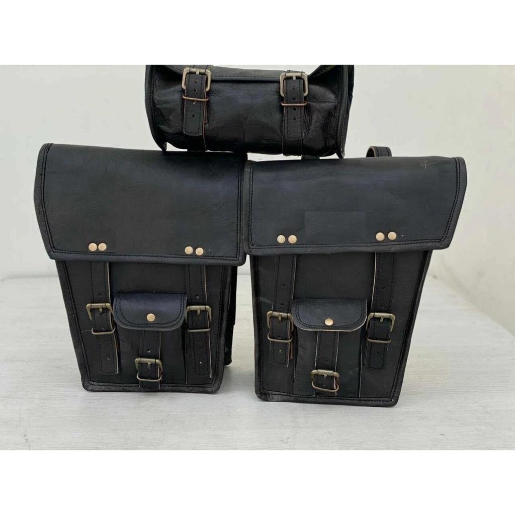 Hand-Crafted Black Leather 3 Saddle Bag Motorcycle Swingarm 2 Storage Tool Pouch