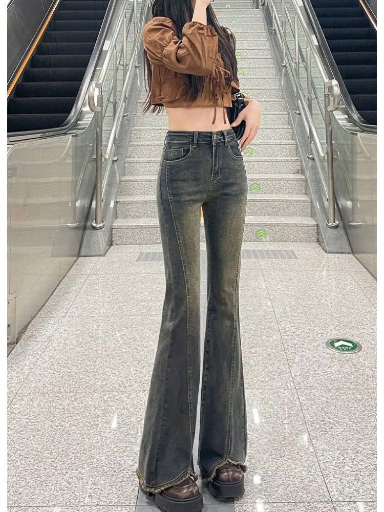 Comfortable Large Size Old Do Old Burlap Micro Flare Jeans Women Spring High-waisted Slim Dragging Floor Skinny Horseshoe Trousers Long Denim Pants