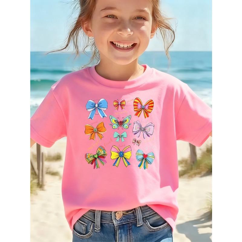 Girls Crew Neck Short Sleeve T-Shirt with Colorful Bows & Butterflies Print
