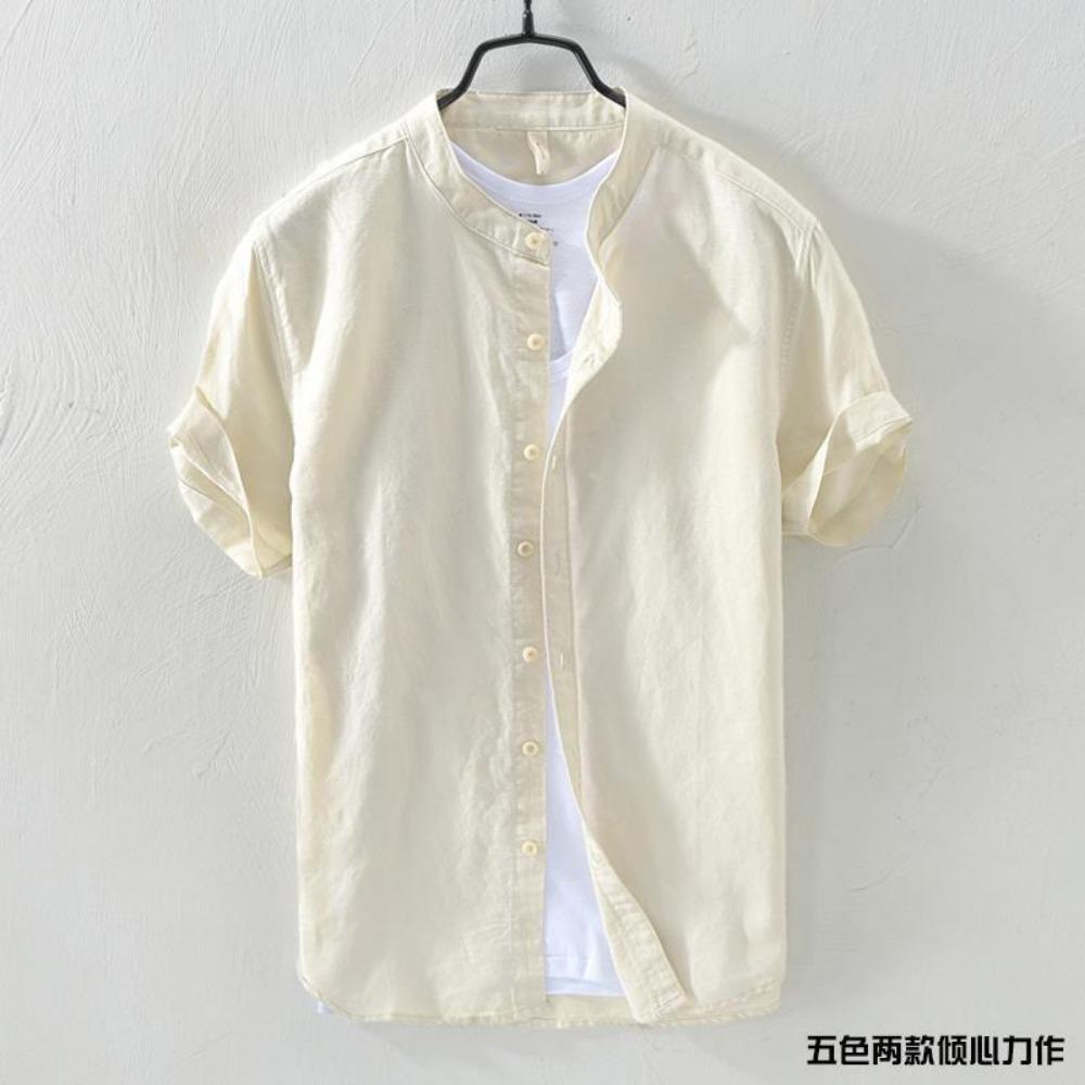 Рубашка с коротким рукавом Мужская Воротник-стойка Свободная Ретро Тонкая Дышащая Универсальная Дюймовая одежда Темно-синий Хлопок Лен Простая Повседневная