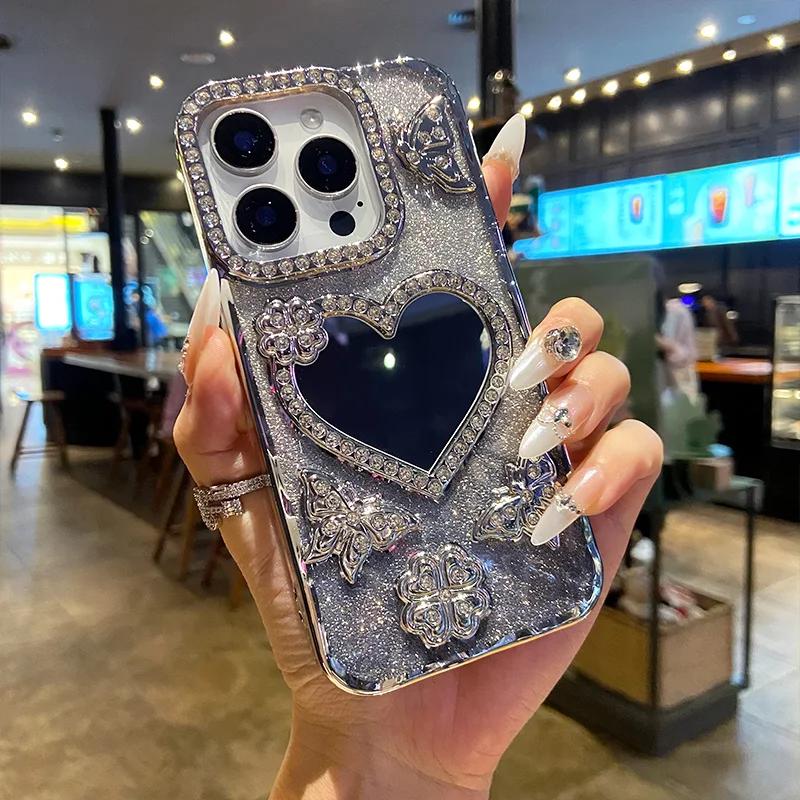 Роскошный Электроplated Чехол-бабочка с Блестками и Алмазами для IPhone 17 16 15 14 13 12 Pro Max Прозрачный Чехол с Зеркалом для Макияжа в Форме Сердца